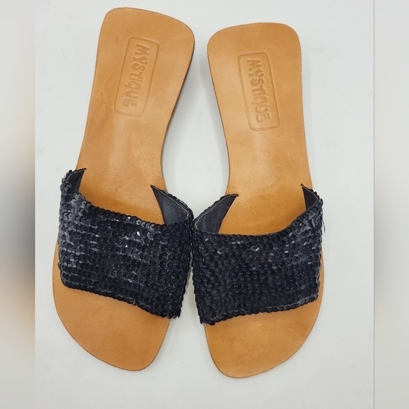Mystique Black Sequined Leather Slides Sandals Block Heels Size 9 - Picture 5 of 16
